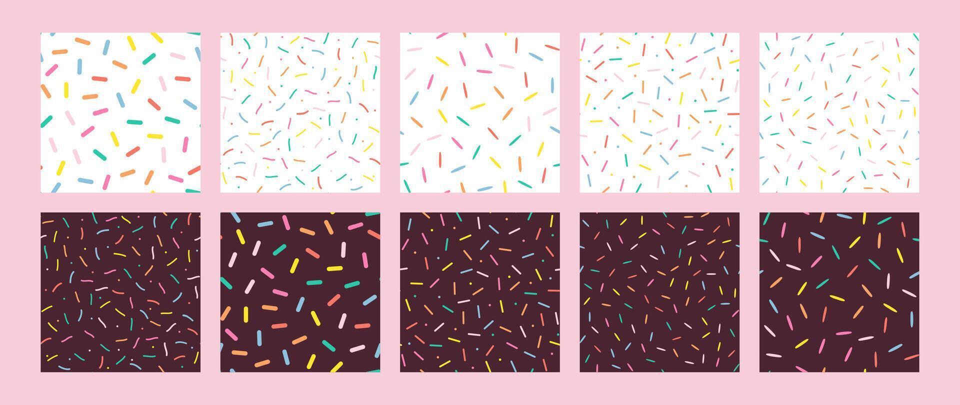 Simple Sprinkle Pattern. Set of Chocolate Donut glaze backgrounds. Small dashes in Rainbow colors. Illustration in scandinavian style vector
