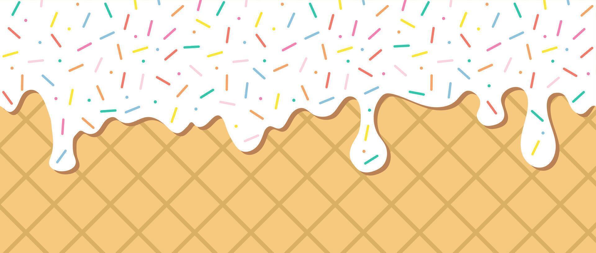 Simple Sprinkle pattern. White liquid with colorful sugar sprinkles dripping on wafer background. Glaze for donut, ice cream or muffins with falling decorative candies. Illustration vector