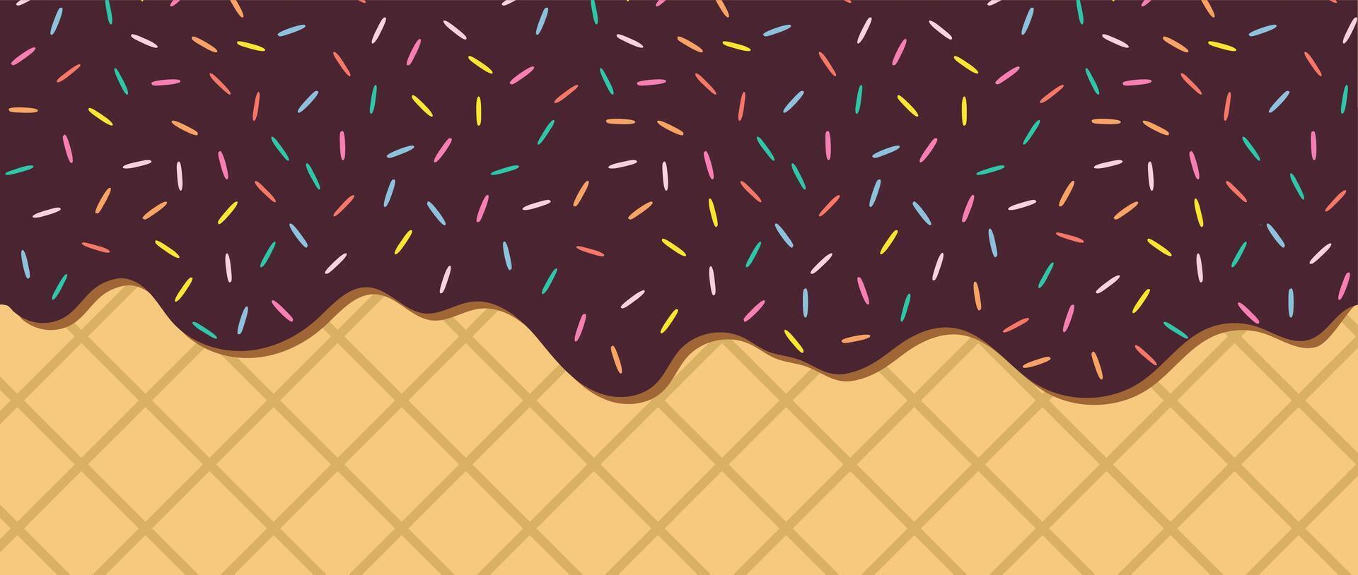 Simple Sprinkle pattern. Chocolate brown wave border with colorful sprinkles. Strawberry ice cream melted on wafer. Illustration vector