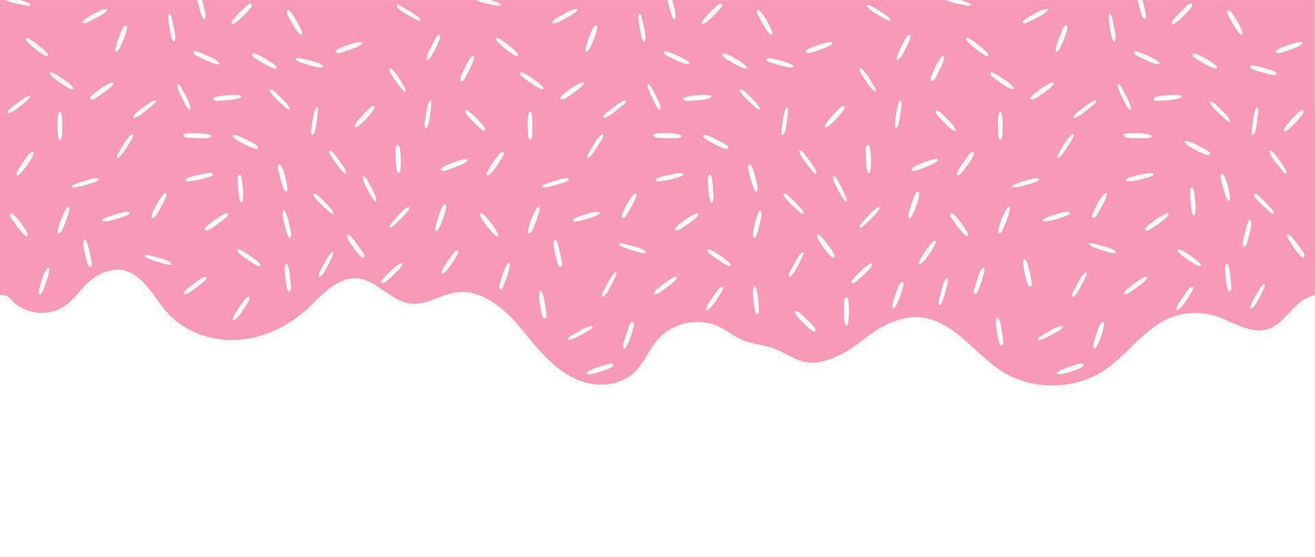 Simple Sprinkle pattern. Pink liquid with sugar sprinkles dripping on white background. Glaze for donut, ice cream or muffins with falling decorative candies. Illustration vector