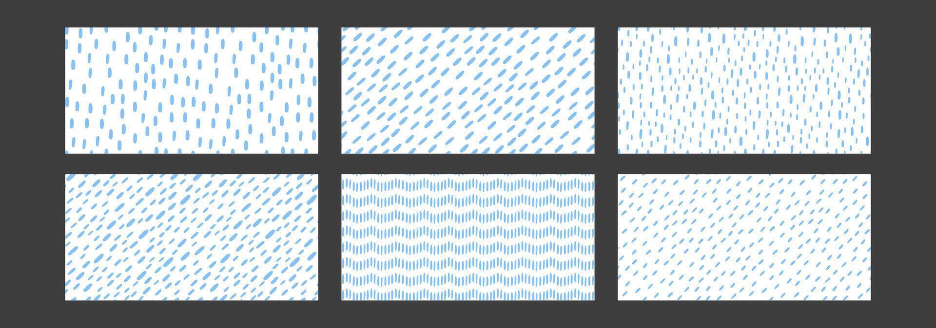 Set of Simple rain pattern. Blue drops on white background. Rainfall illustration. Dashed vertical lines. illustration vector