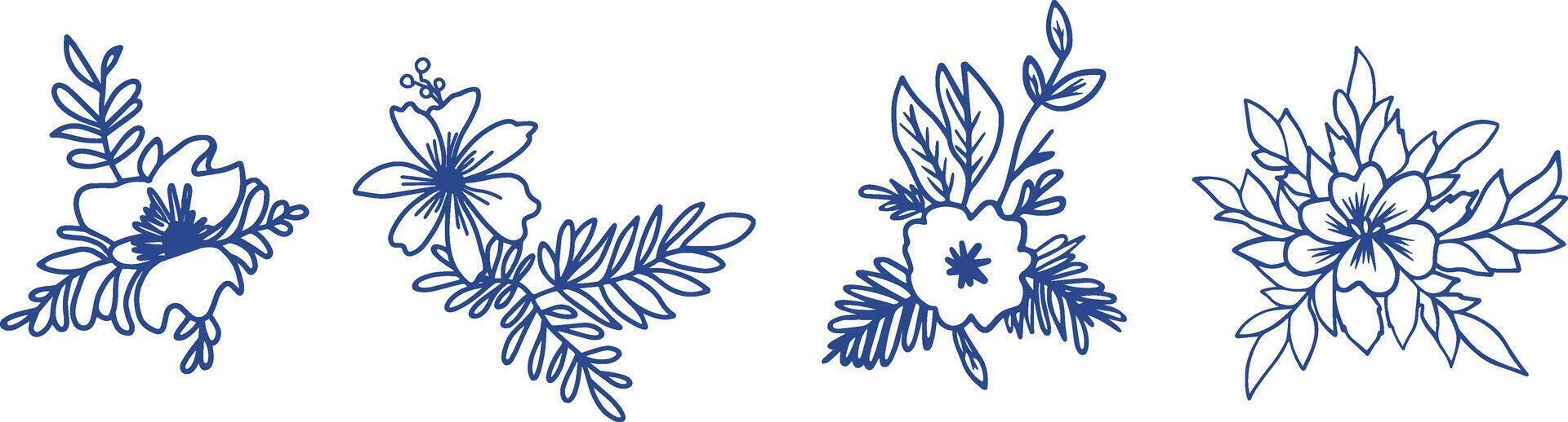 Floral Line Art Set , Hand-Drawn Doodle Botanical Illustrations vector