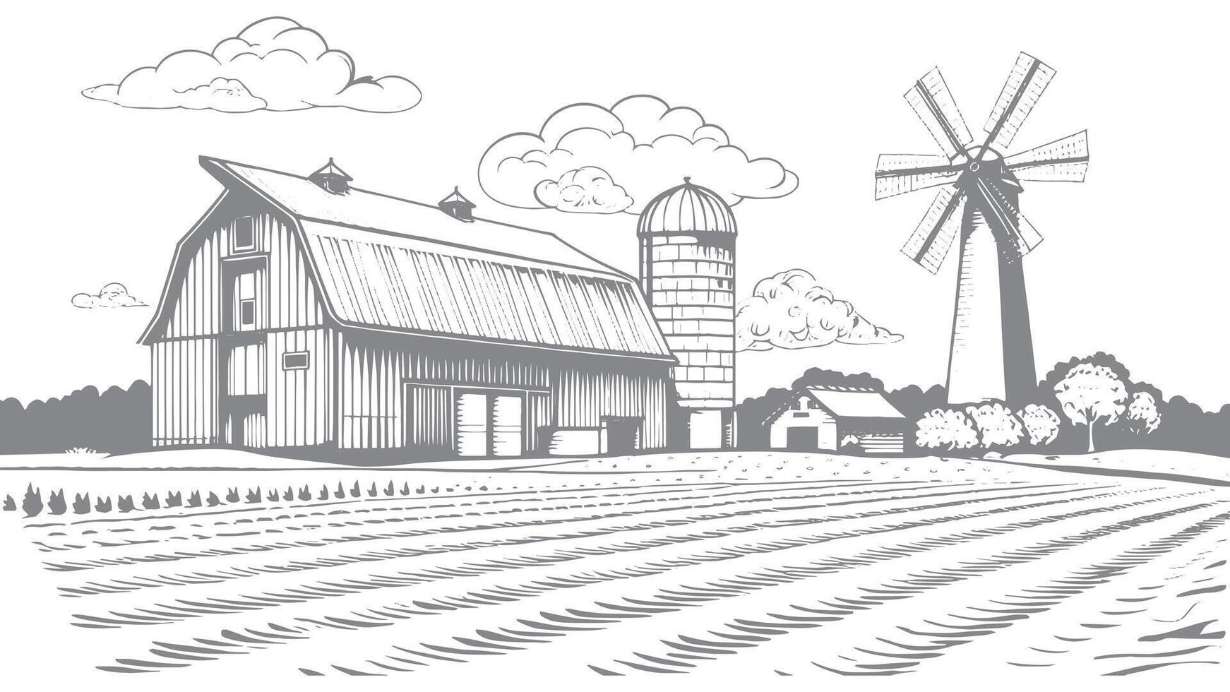 Illustration of farm and barn with windmill vector