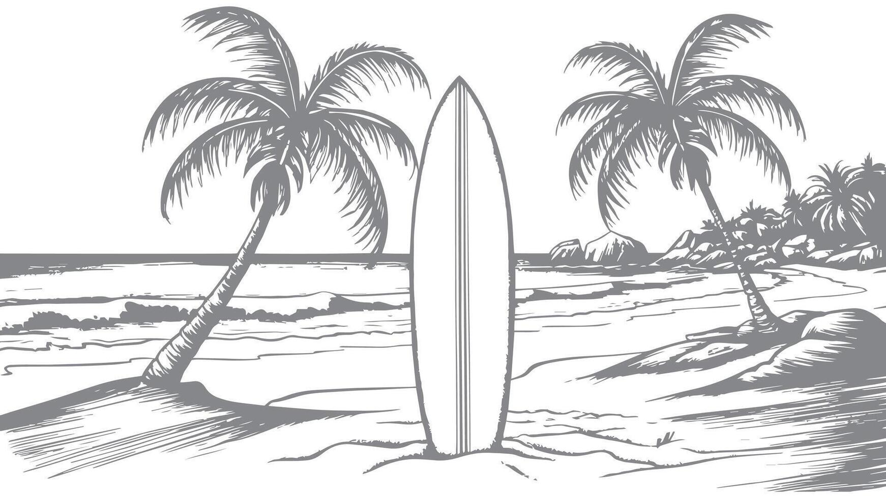 a drawing of a surfboard on the beach with palm trees vector