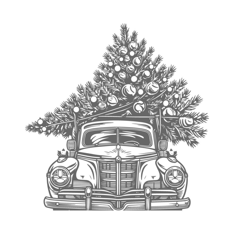 an old car with a christmas tree on top vector