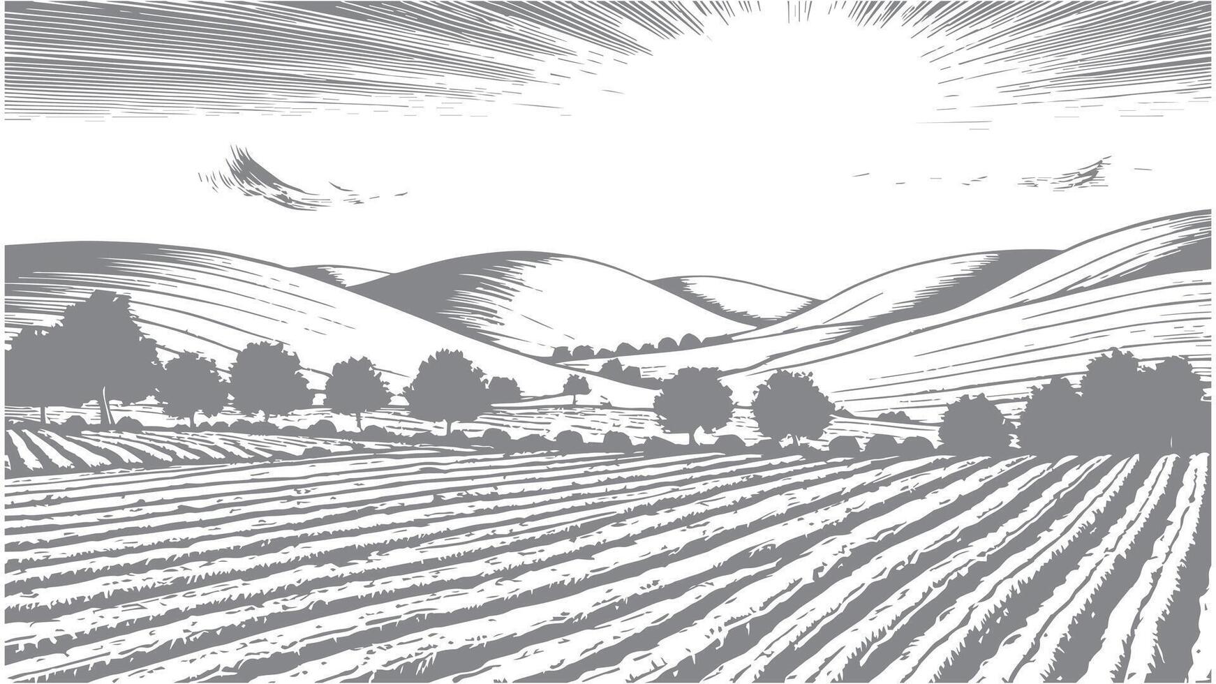 a black and white illustration of a field with trees and mountains vector
