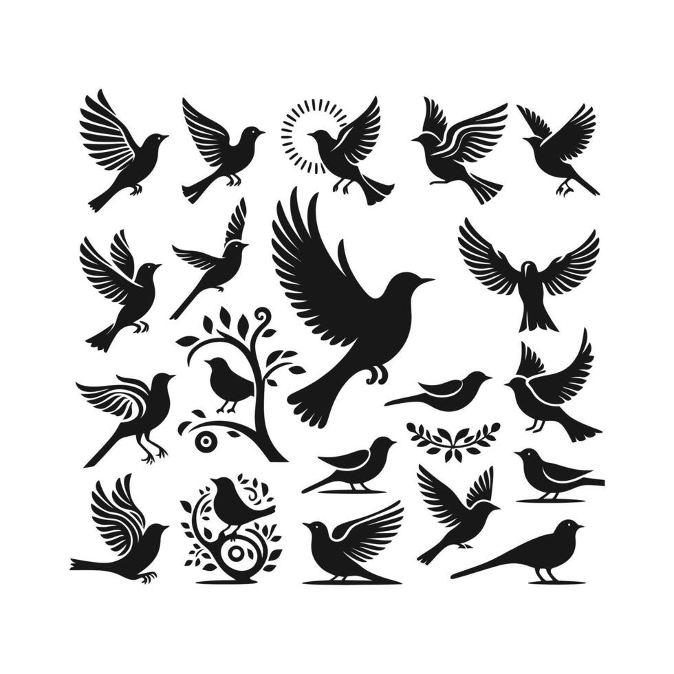 Set of Flying and Perching Bird Silhouettes in Elegant Black Design vector