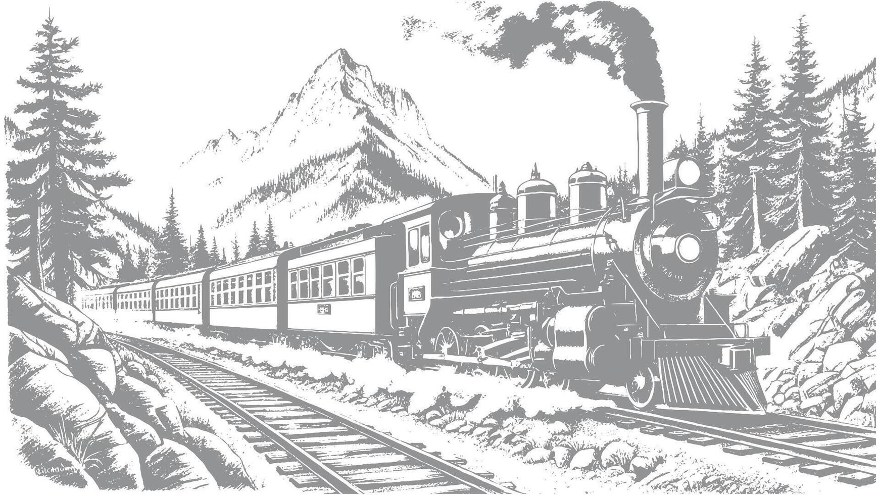 Vintage train journey through the mountains hand sketch design vector