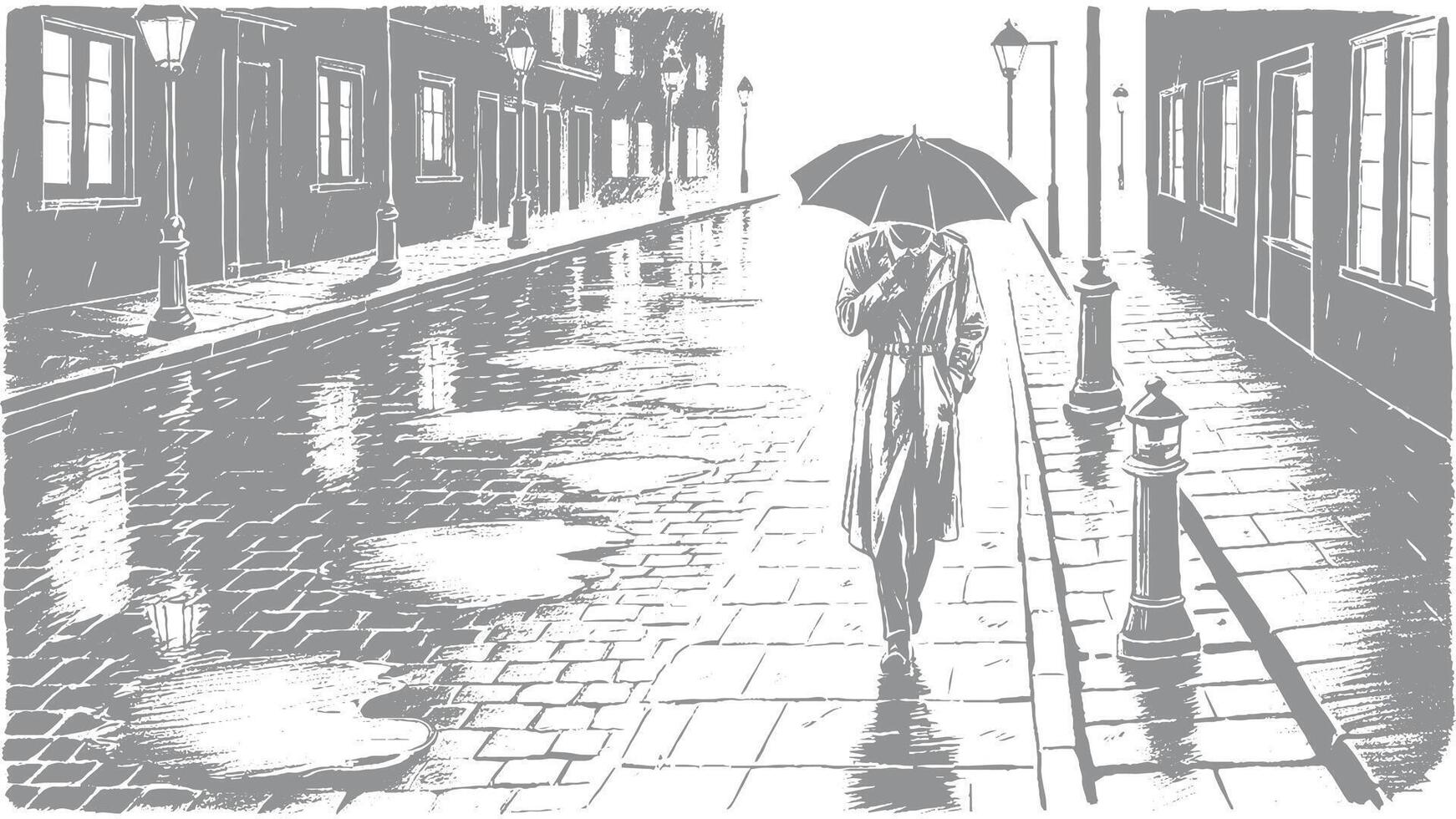 Girl in the street after rain with an umbrella hand sketch illustration vector