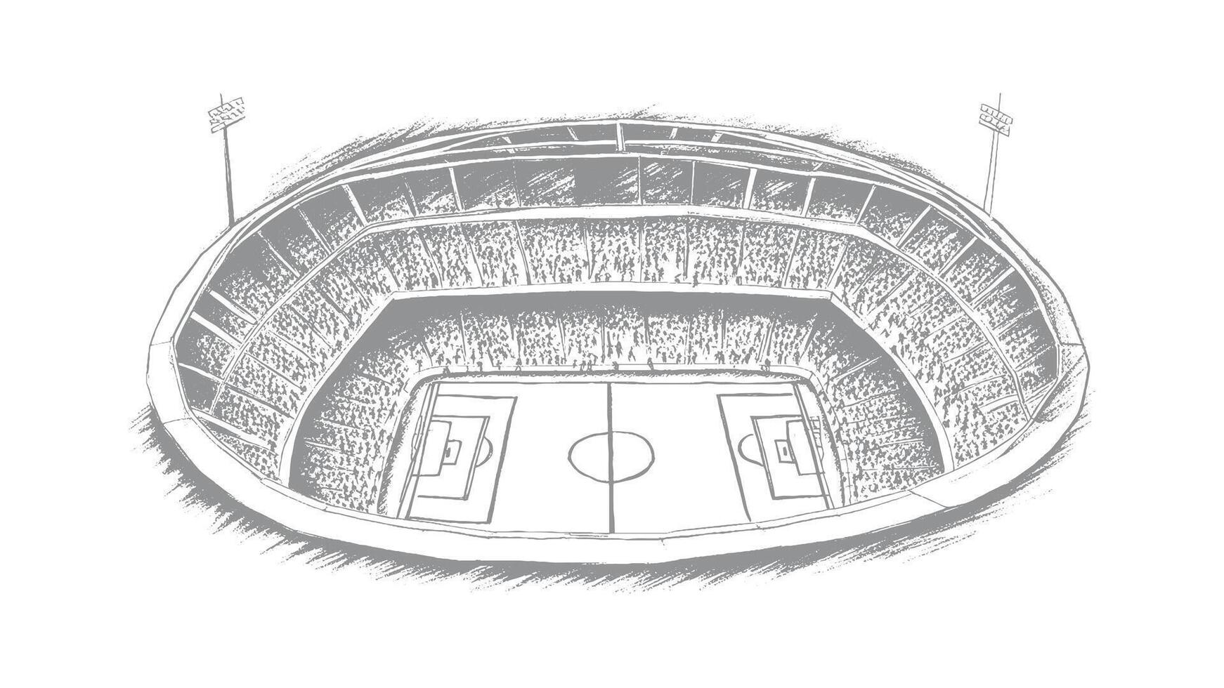 An illustration of a soccer stadium top-down view with a crowd and a field hand sketch vector