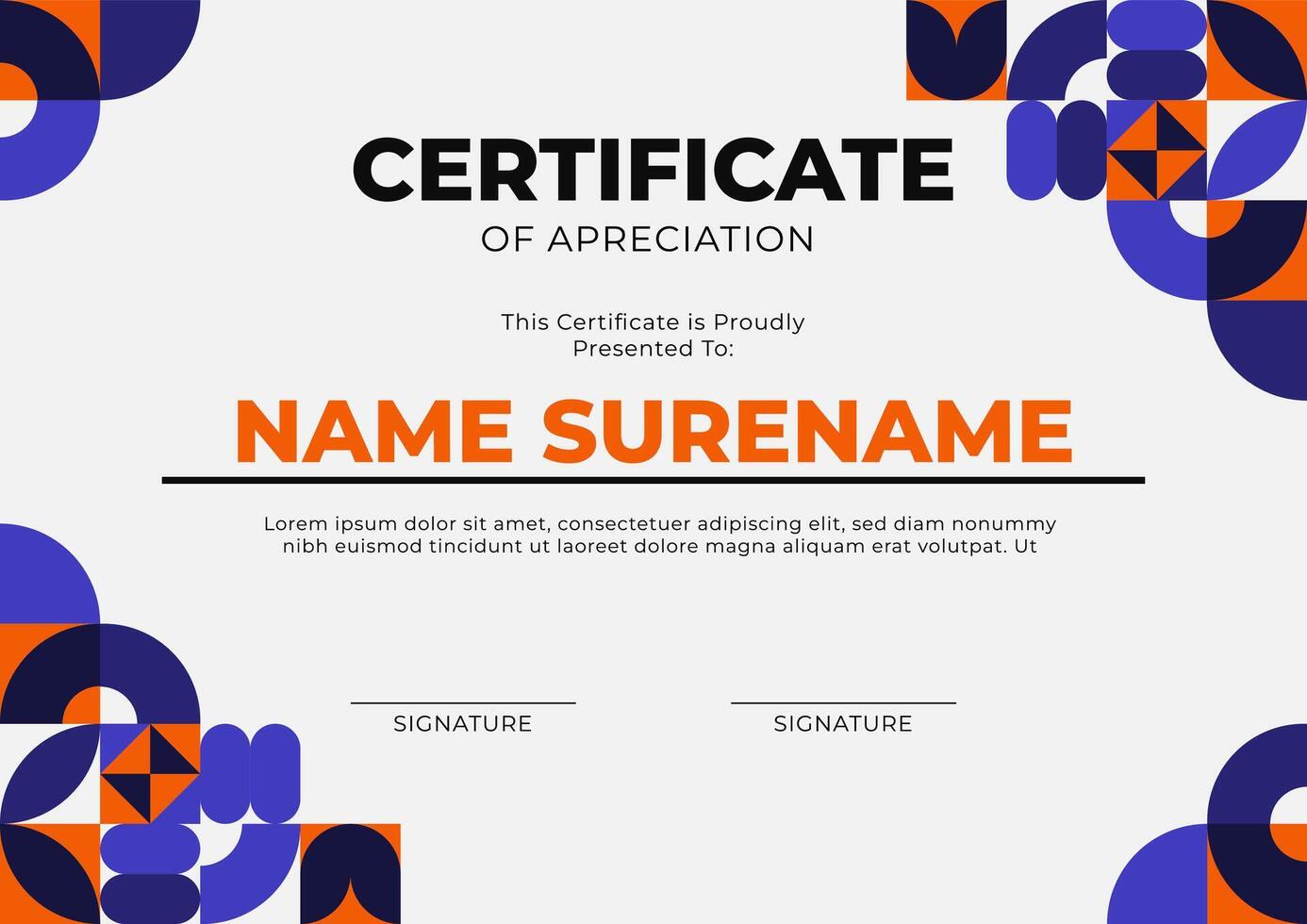 modern geometric certificate design template. Appreciation certificate template with modern, geometric design. Customizable name, signature, and text. Professional award document. vector