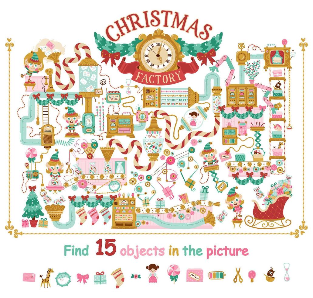 Find 10 objects in the picture. Christmas factory with elves. Fantasy mechanisms, conveyors and robots that pack gifts for children. vector
