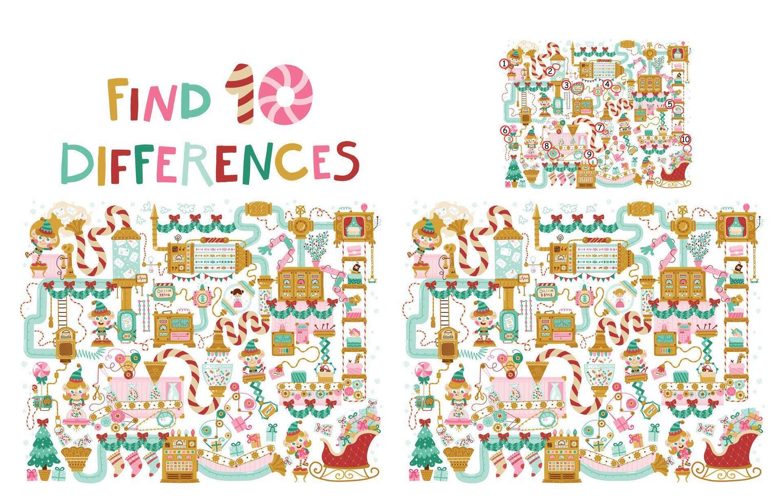 Find 10 differences in the picture. Christmas factory with elves. Fantasy mechanisms, conveyors and robots that pack gifts for children. Hand-drawn illustration in cartoon style. Puzzle Hidden Items. vector