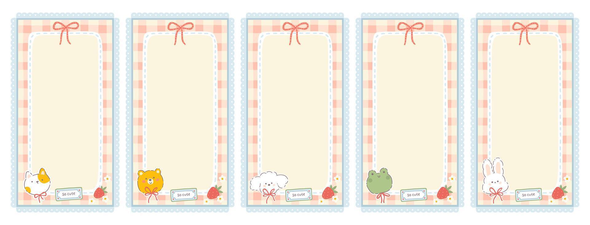 Gingham set collection of templates with kawaii animals and berries. Tartan check for diary pages, note paper, to do list, stickers. Cute childish background, pastel palette vector