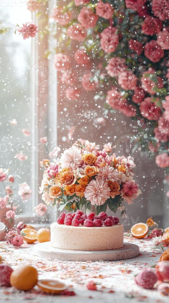 A cake with flowers and fruit on top of a table photo