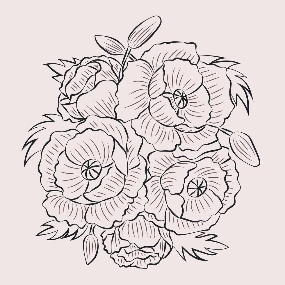 poppy boquet line, ornate element vector