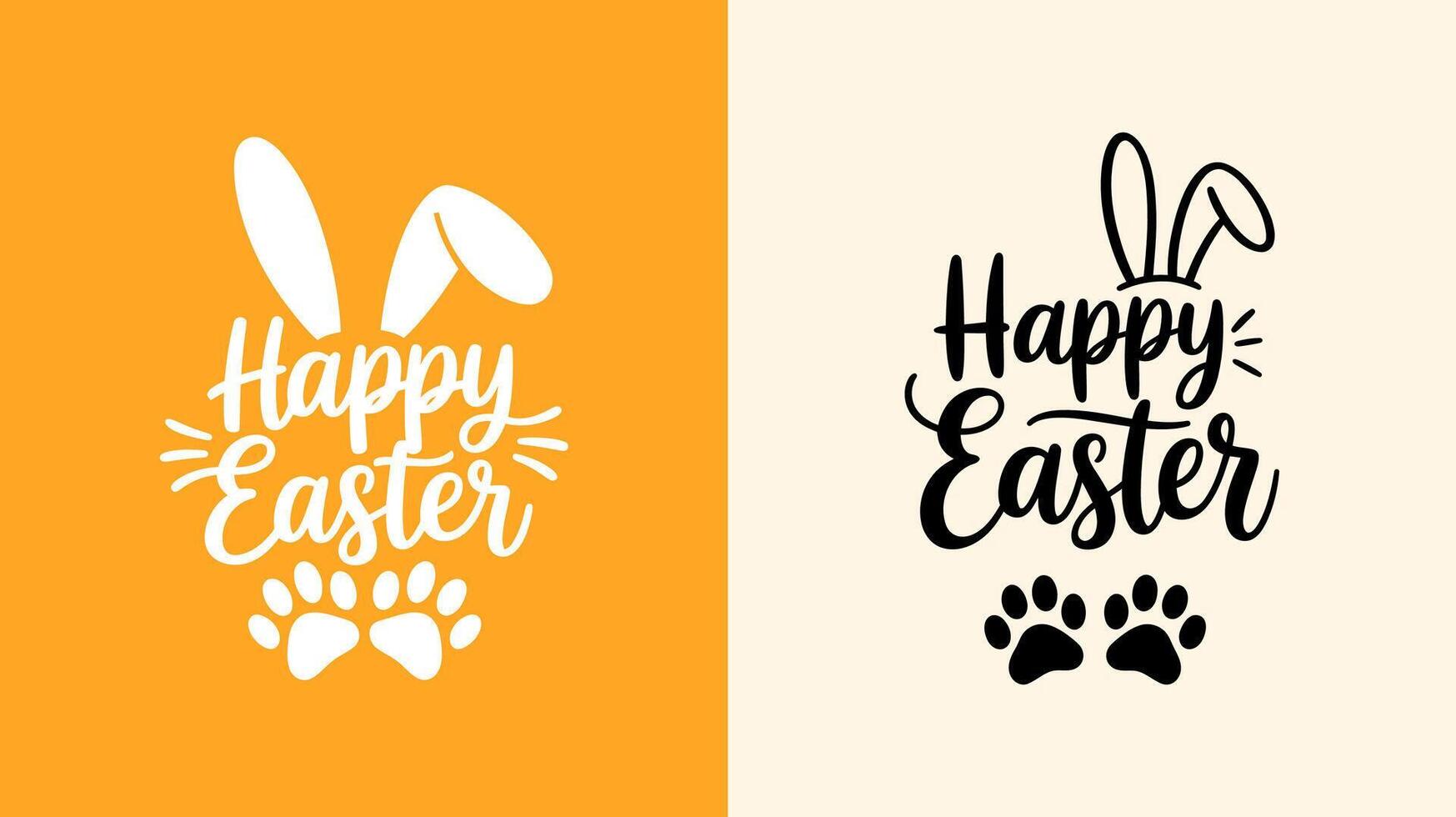 Happy Easter phrase with bunny ears and paw prints on orange and cream backgrounds vector