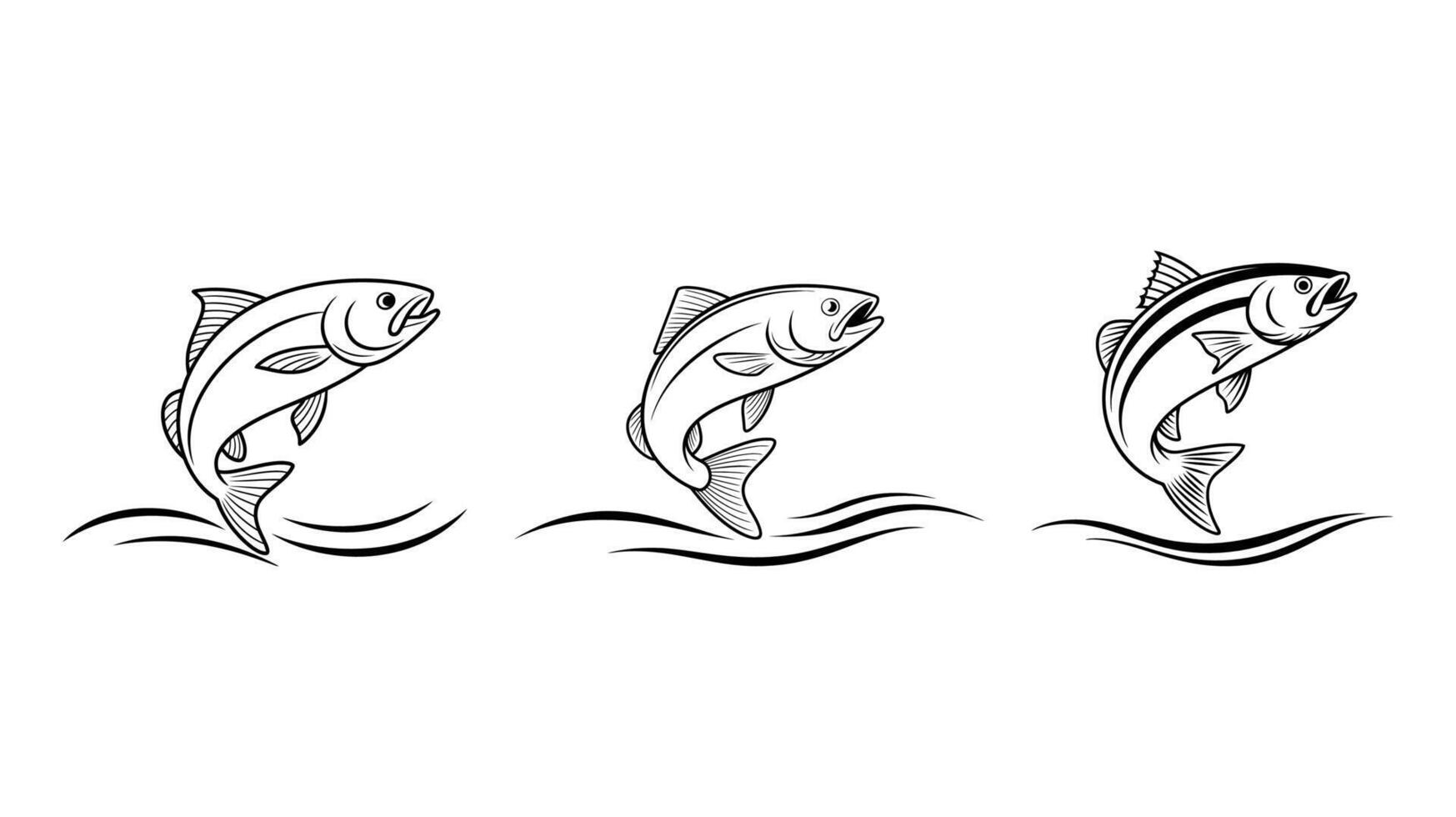 Three Jumping Fish Silhouettes Against Water Waves vector