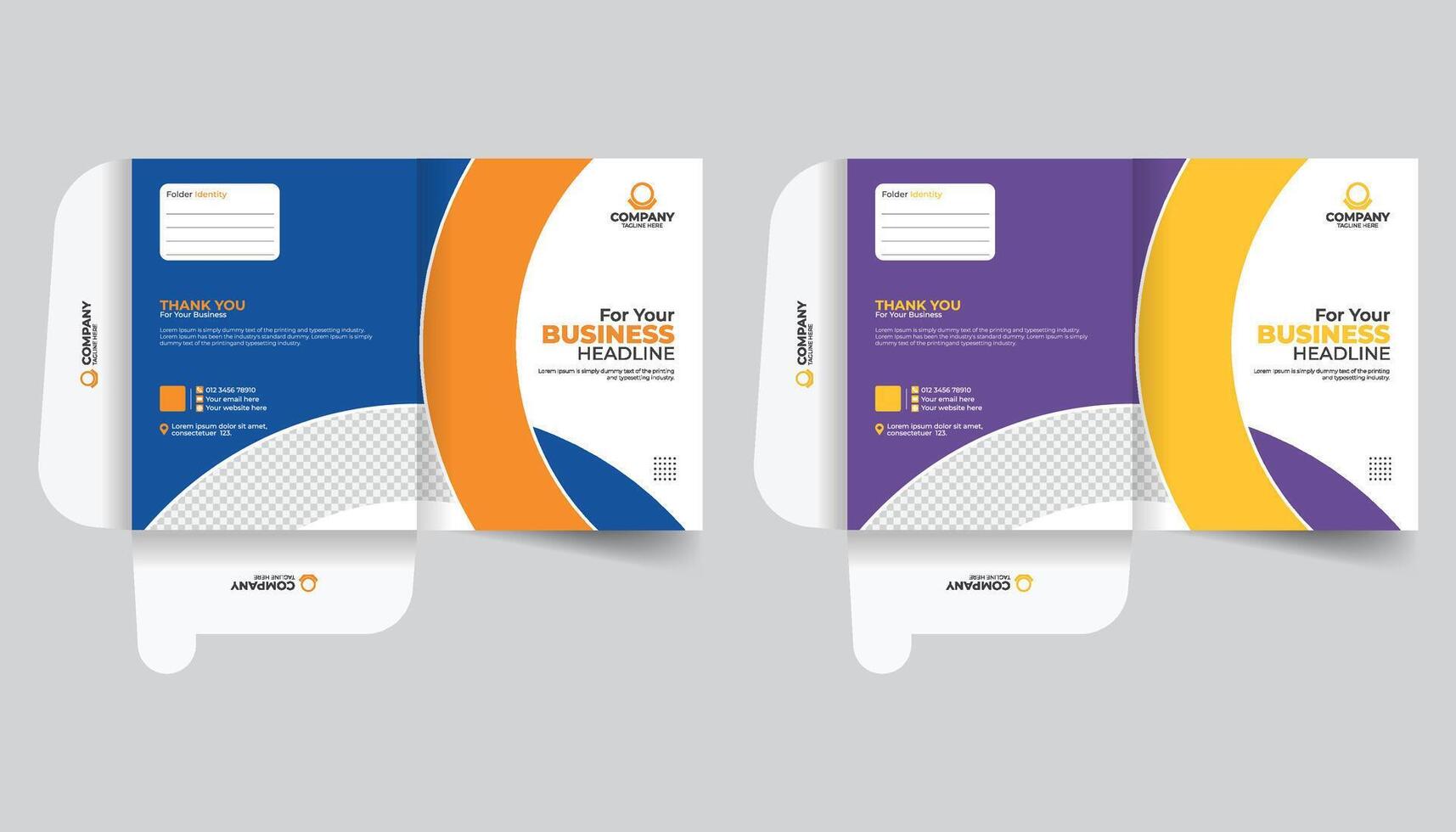 2 templates of Blue and purple color file folder design, With business image, logo and all company information. Creative stylish colorful presentation stationery, office document file folder template vector