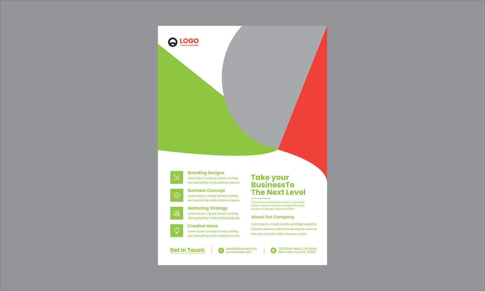 This flyer design is a modern and professional business template with green, red, gray, and white, creating a bold yet professional look. vector