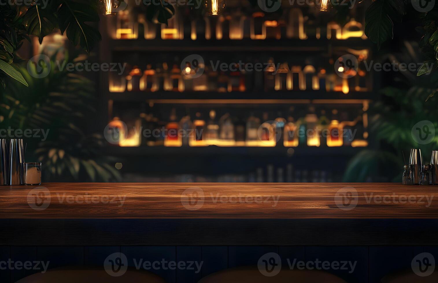 Bar counter with lights and plants in the background photo