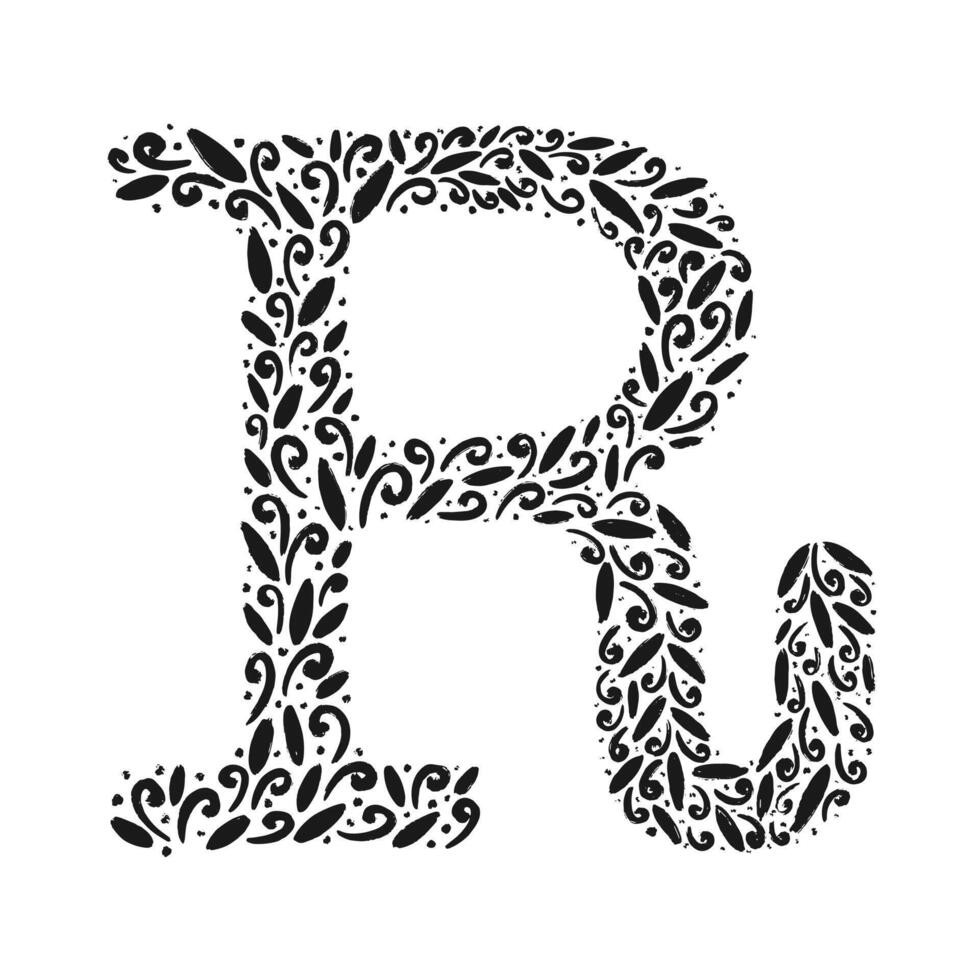 Floral botanical alphabet. Vintage hand drawn monogram letter R. Letter with plants and flowers. lettering isolated on white vector