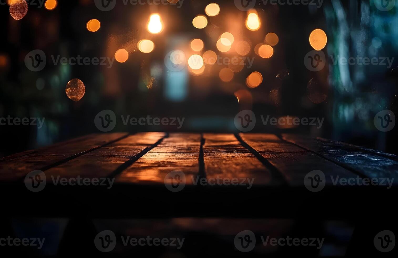 A table with lights on it in the dark photo