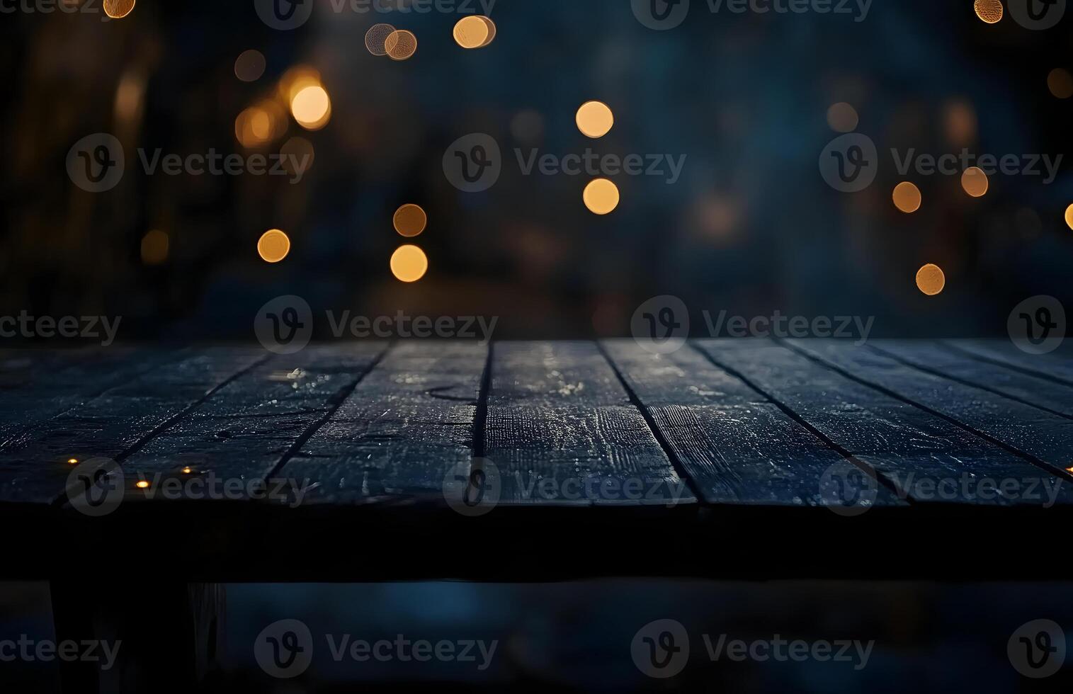 A wooden table with lights on it in front of a dark background photo