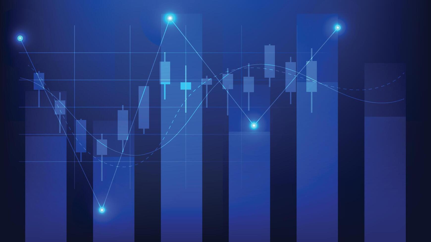 bar chart and candlesticks with line indicator on blue background. business finance and economy growth vector