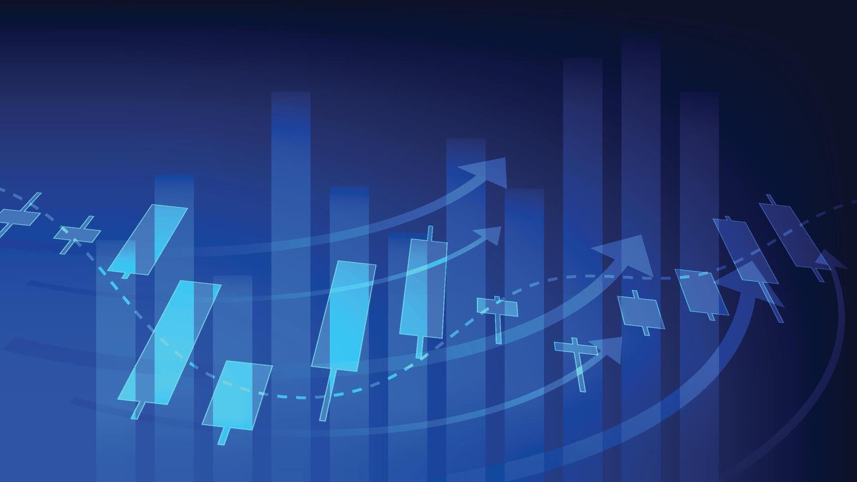 economy growth and business finance investment. candlesticks with bar chart and arrow on blue background vector