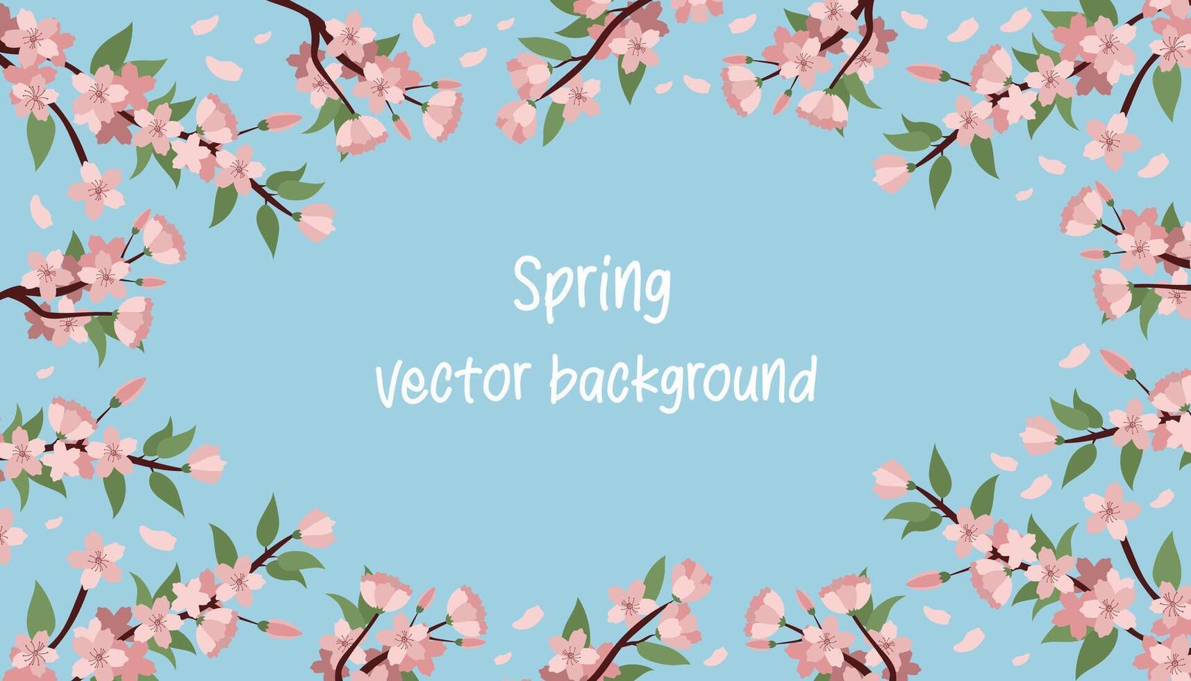 Spring banner background with spring branch. Pink flowers on blue sky background. Design for on cards, banners, invitations. vector