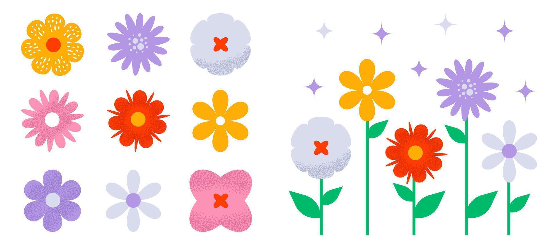 Set of modern minimalist flowers. Simple geometric shapes decorated with texture. Elements for design of spring and summer banners, cards, posters, invitations. vector