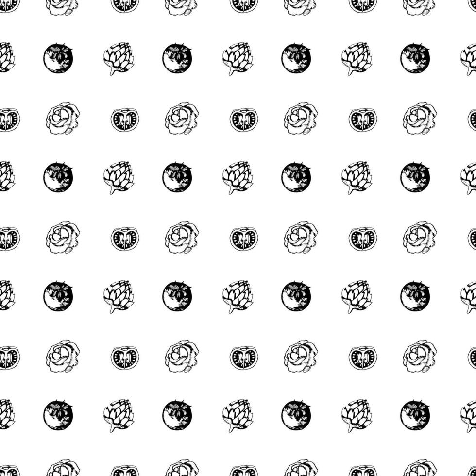 Artichoke and tomato in a cut in doodle style. Seamless pattern. vector