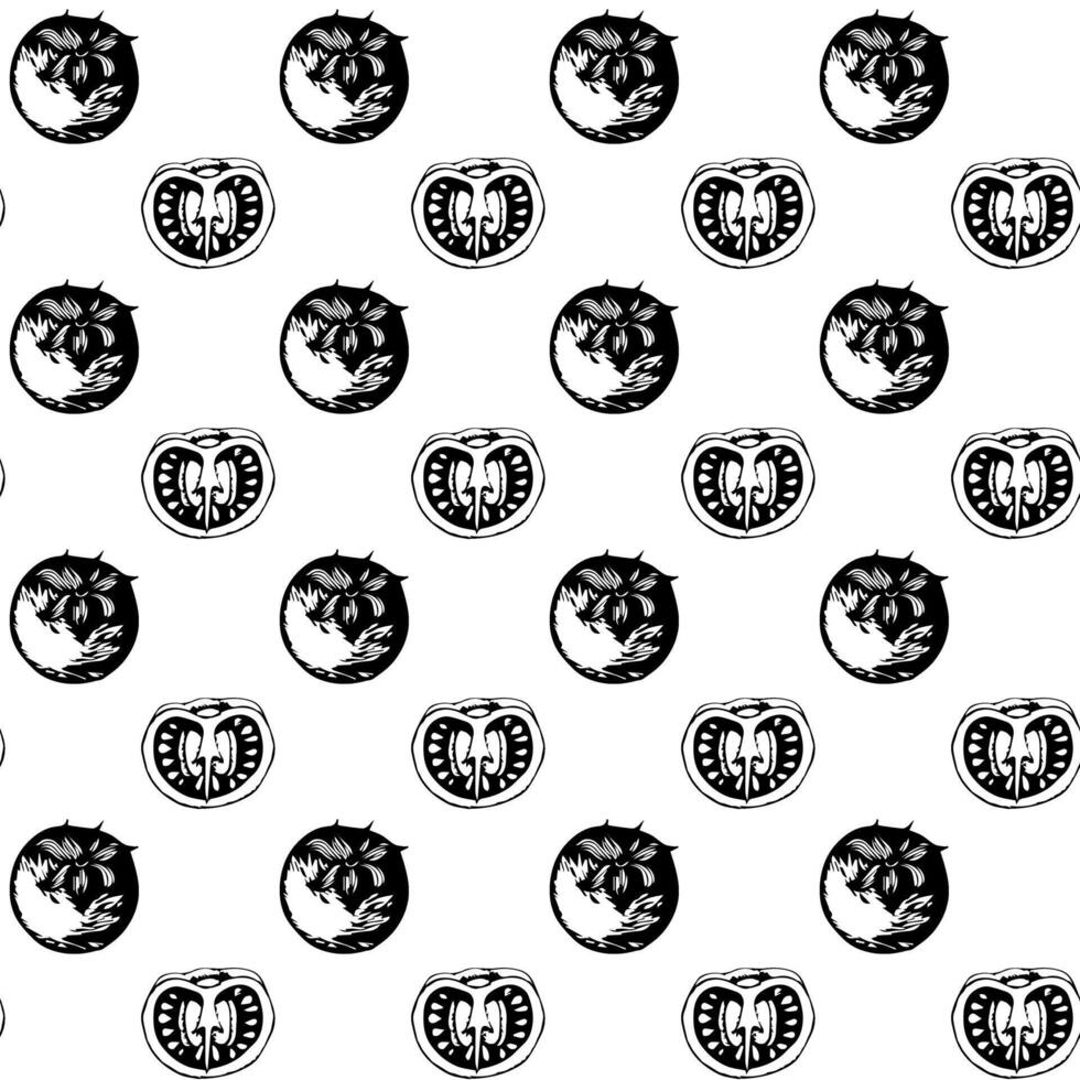 Whole and cut tomato in doodle style. Seamless pattern. vector