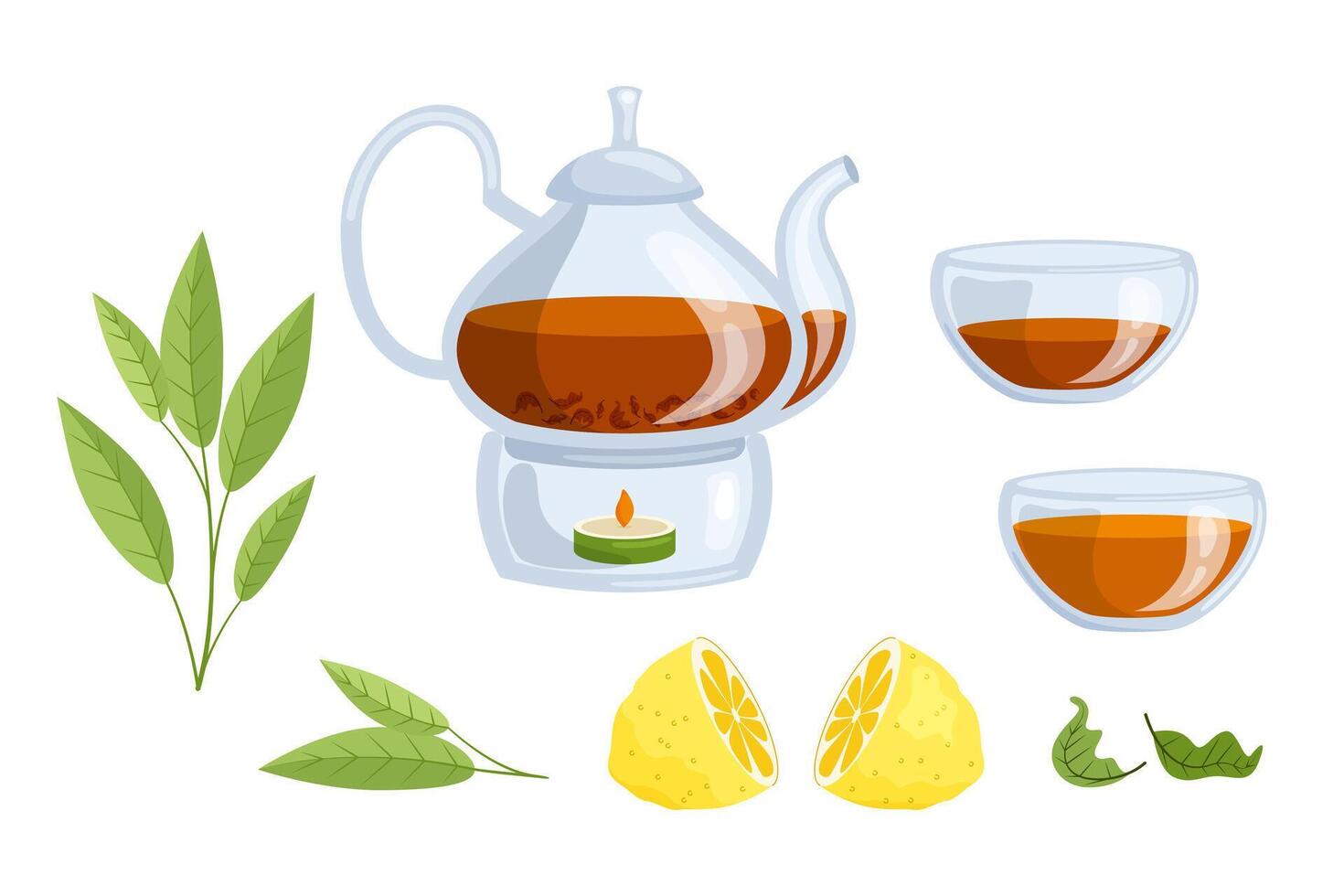 Tea set. Tea party accessories. Teapot, tea mugs, lemon, tea leaves. Illustration in flat style. vector