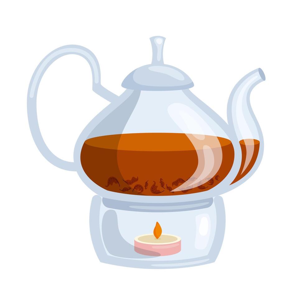 Transparent glass tea brewing teapot heated by candle. Illustration in flat style on white background. vector