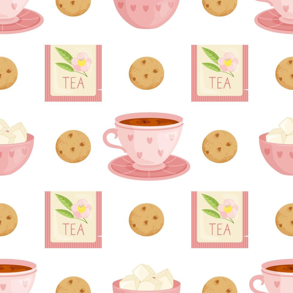 Seamless pattern in flat style. Cup of tea, tea bag, cookies. Illustration on white background. vector