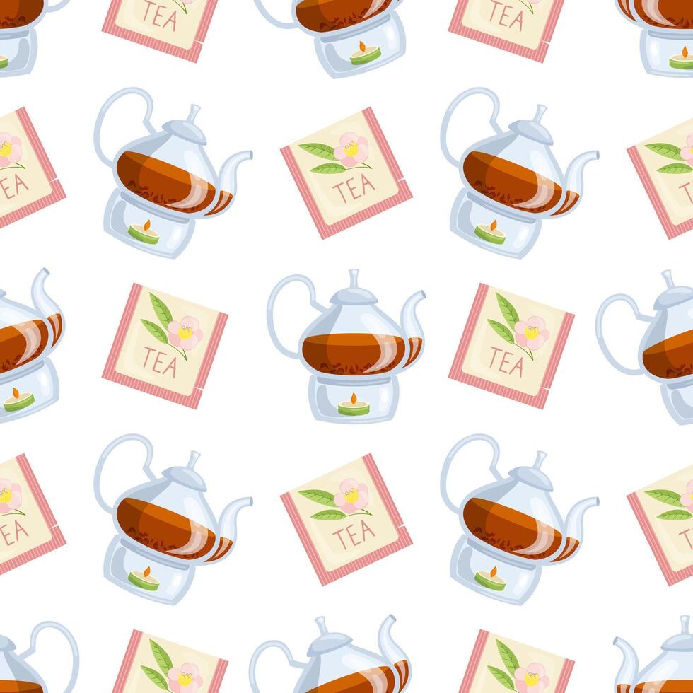 Seamless pattern of glass teapots and tea bags on white background. Flat illustration. vector
