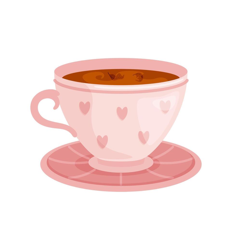 Beautiful pink tea pair. Cup with tea on saucer. Illustration on white background. Flat style. vector