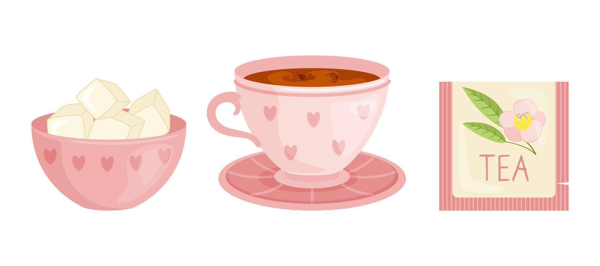 Set of accessories for tea drinking. Tea cup, sugar bowl, tea bag. Flat illustration on white background. vector