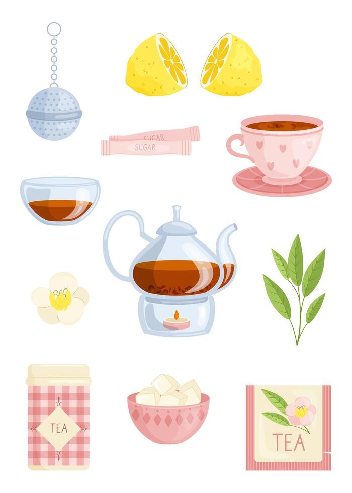 Set of items for tea drinking. Teapot, cup, sugar, lemon, tea strainer on white background. Illustration of tea accessories in flat style. vector