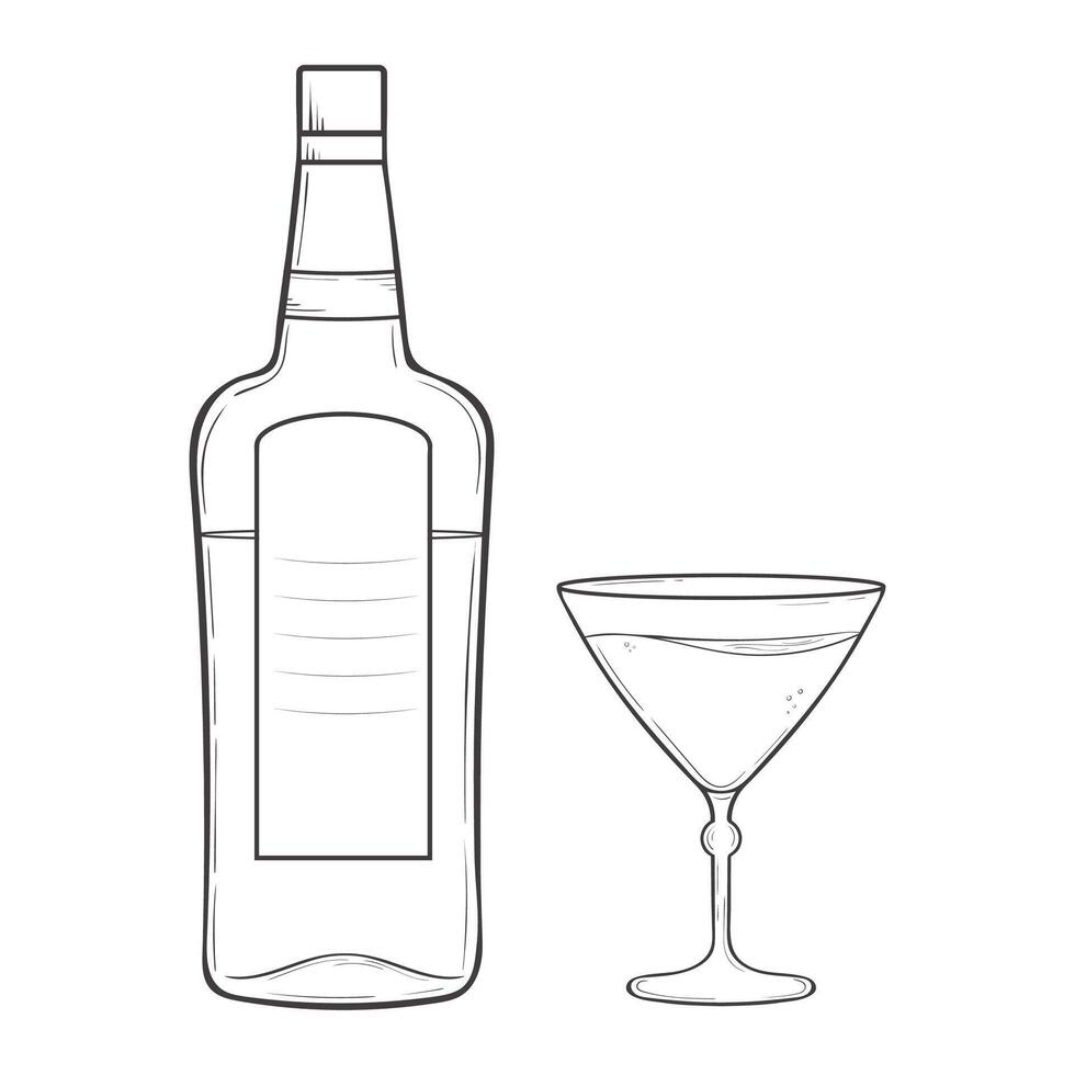 Outlined illustration of a bottle and a martini glass. Hand drawn ink bottle of alcohol and a glass filled with a bubbly beverage liquor. vector