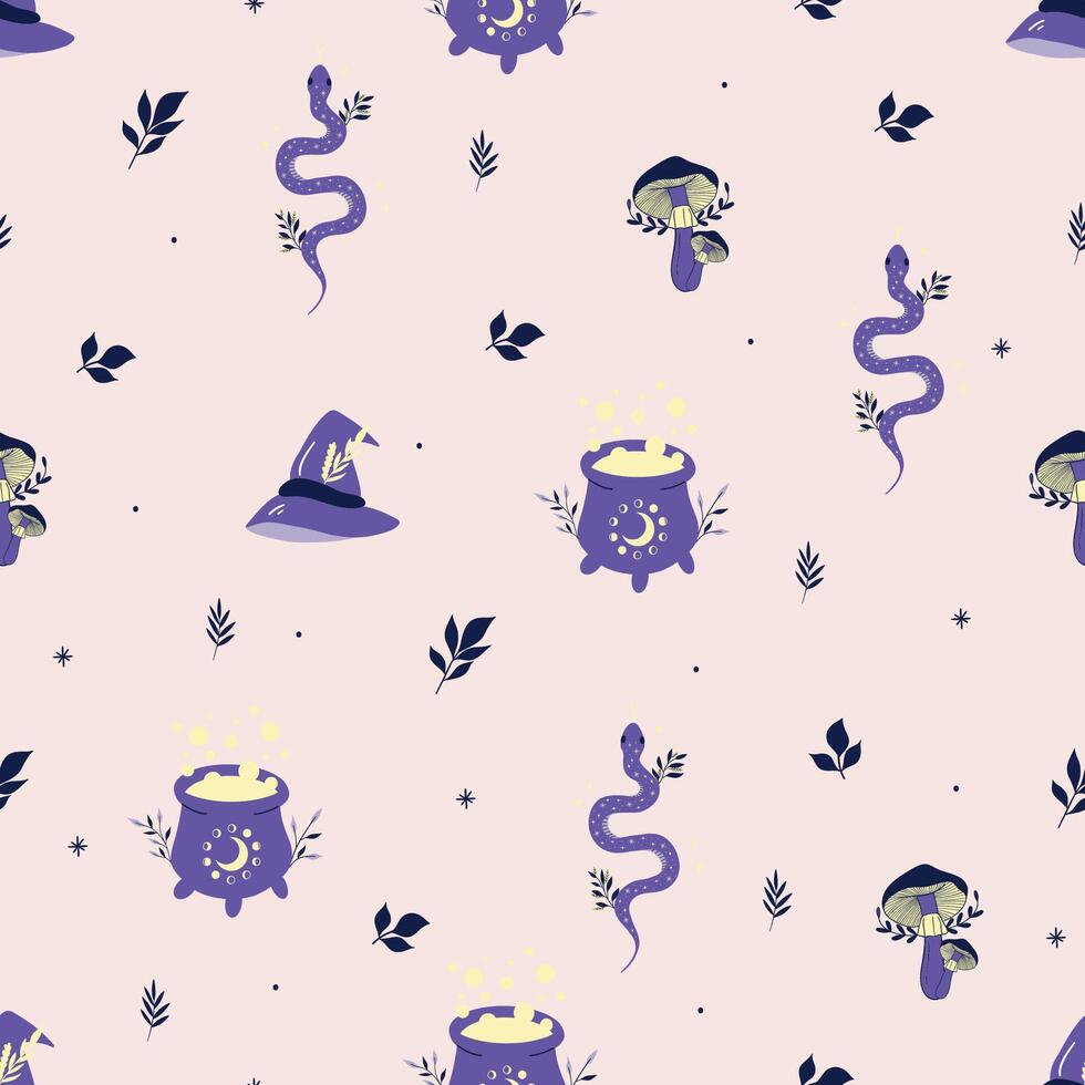 Seamless pattern with witchcraft elements. Witches hat, magic cauldron, snake, mushrooms for magic rituals. Spooky halloween design. Hand drawn illustration vector