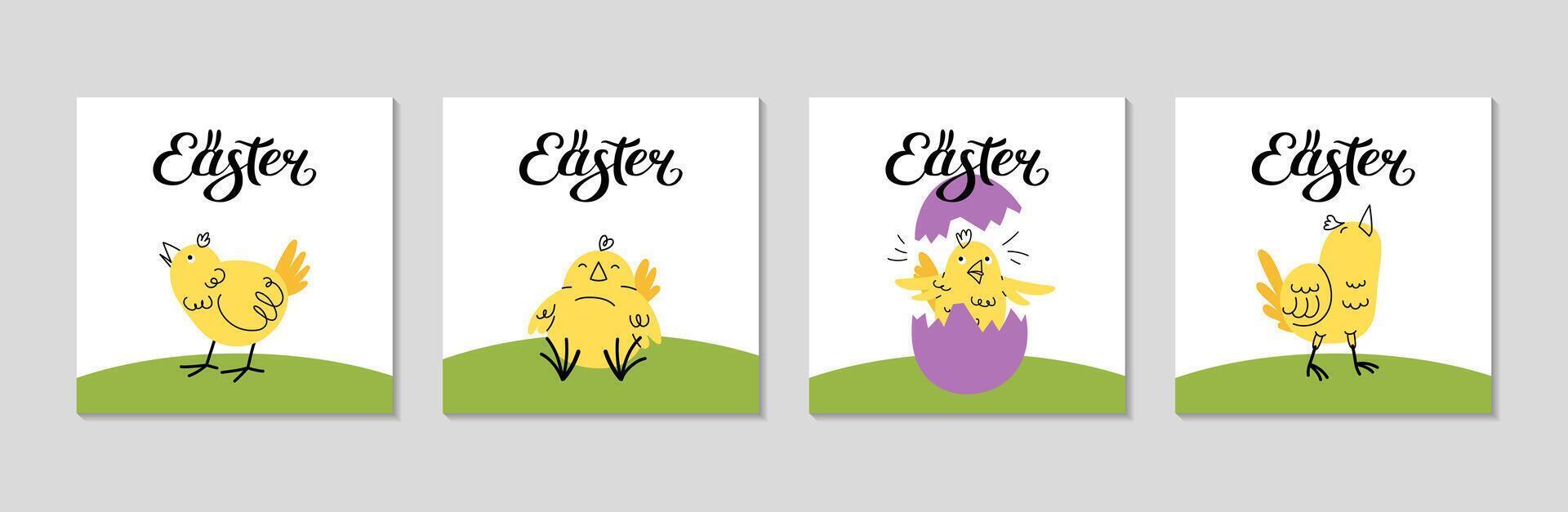 Easter Greeting Card Set. Yellow baby bird in various poses, sleeping, Singing, in an eggshell. Square spring posters for social media, invitation, decorations in room. illustration. vector