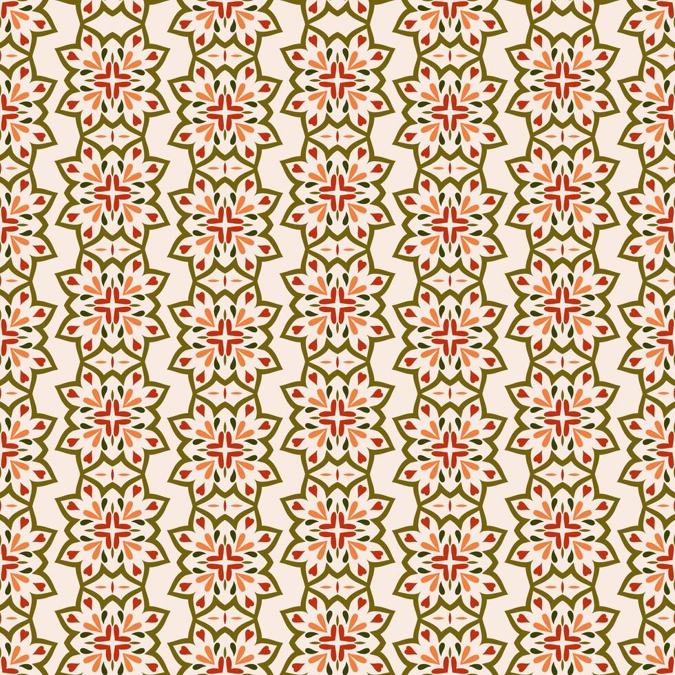 seamless pattern with vertical rows of stylized geometric flowers. Background design in earth-tone colors against a light beige for fabric, textile, wrapping, wallpaper vector