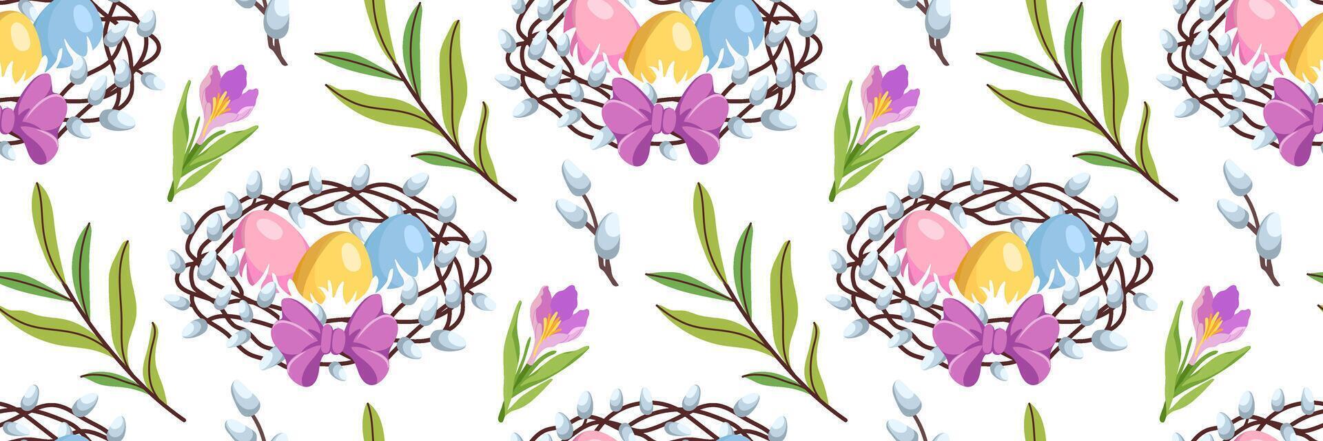 Spring Easter seamless pattern with bird nest, colored eggs and flowers. Traditional religious elements. Floral festive background for invitations. flat illustration. vector