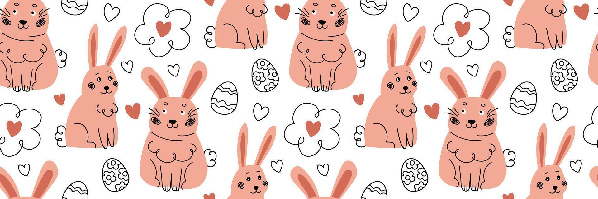Easter seamless pattern with doodle funny rabbit. Hand drawn trendy linear eggs and cute character. Spring baby background. For wrapping paper, textiles, children room decor. Flat illustration. vector
