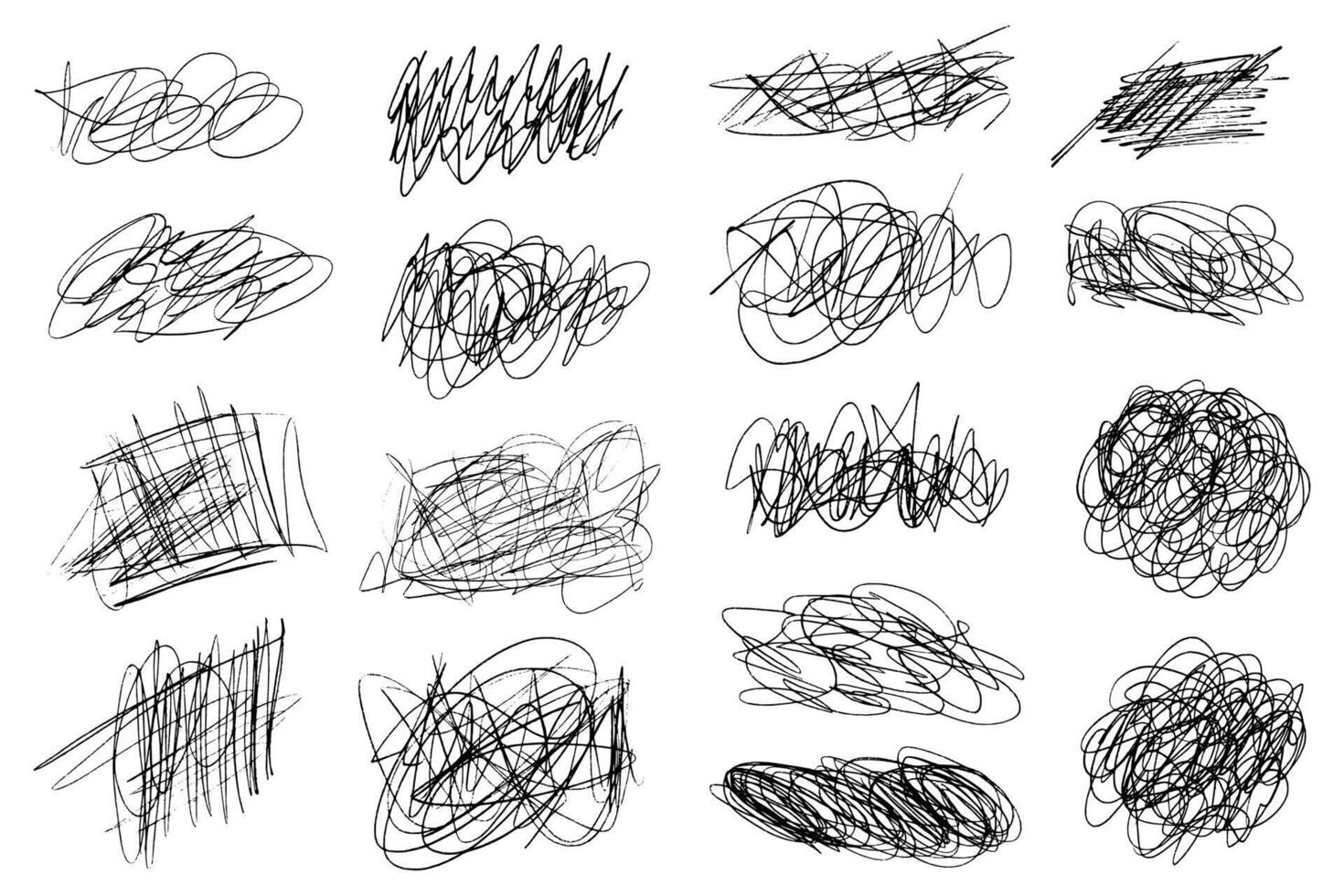 Tangled chaotic crazy lines set. Random chaotic scribble lines collection on white background. Scrawl messy lines, expressive linework sketches. vector