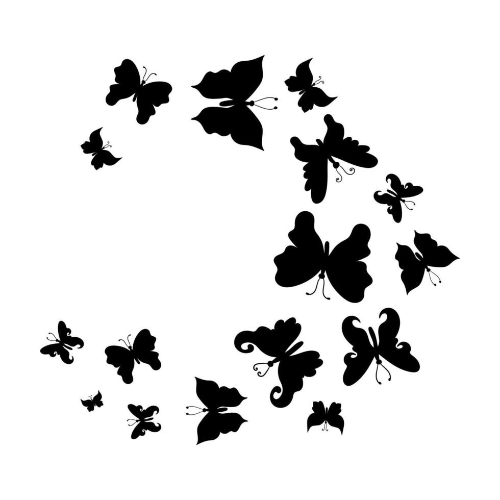 Black butterflies silhouette in arc or circle formation, isolated on white background. Scattered butterfly silhouettes in elegant semi circle design for banners, print design, packaging, posters. vector