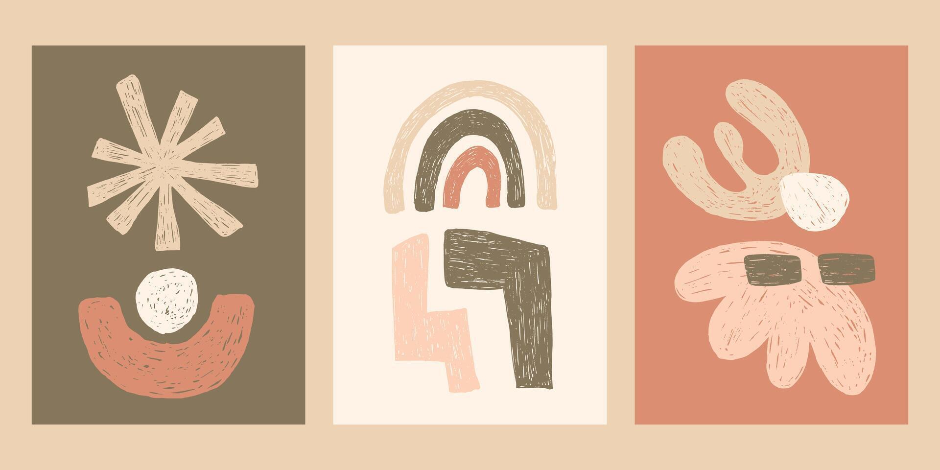 Creative wall art set with boho contemporary design. Funky poster templates with geometric shapes in crayon or pencil hand draw style. Modern art decor for social media, wall art, cover, flyer vector